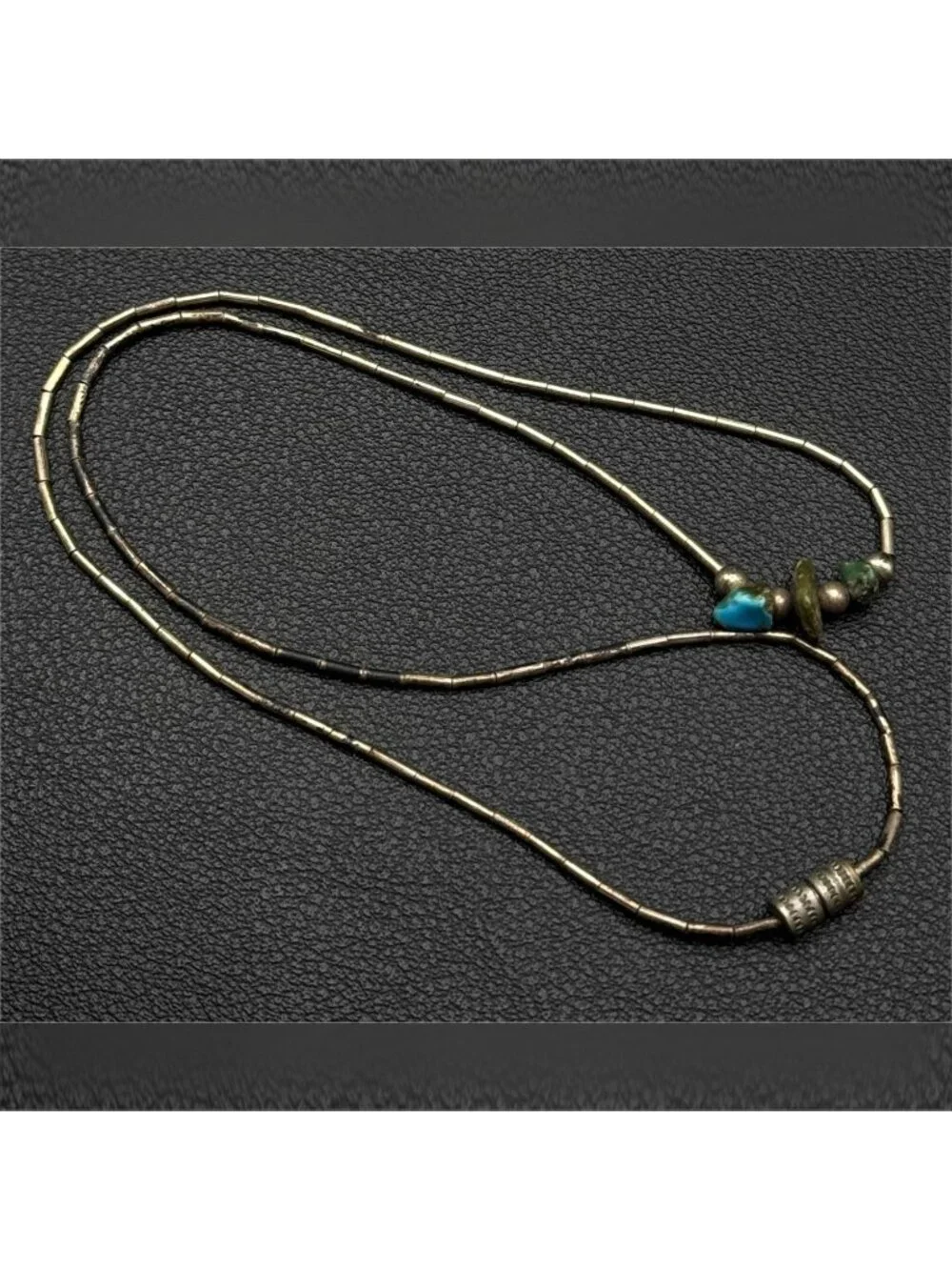 Native American Liquid Silver Heishi Necklace Turquoise & Shell Nugget Center Be - Picture 3 of 7